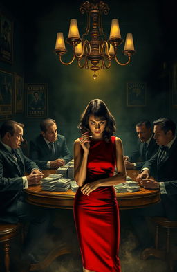 A tense and atmospheric scene set in a dimly lit speakeasy, featuring a group of elegantly dressed mobsters sitting around a table, counting stacks of money and exchanging glances