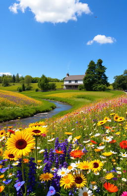 A serene landscape featuring a vibrant field of wildflowers in full bloom under a clear blue sky