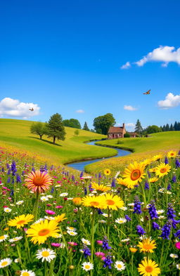 A serene landscape featuring a vibrant field of wildflowers in full bloom under a clear blue sky