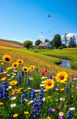 A serene landscape featuring a vibrant field of wildflowers in full bloom under a clear blue sky