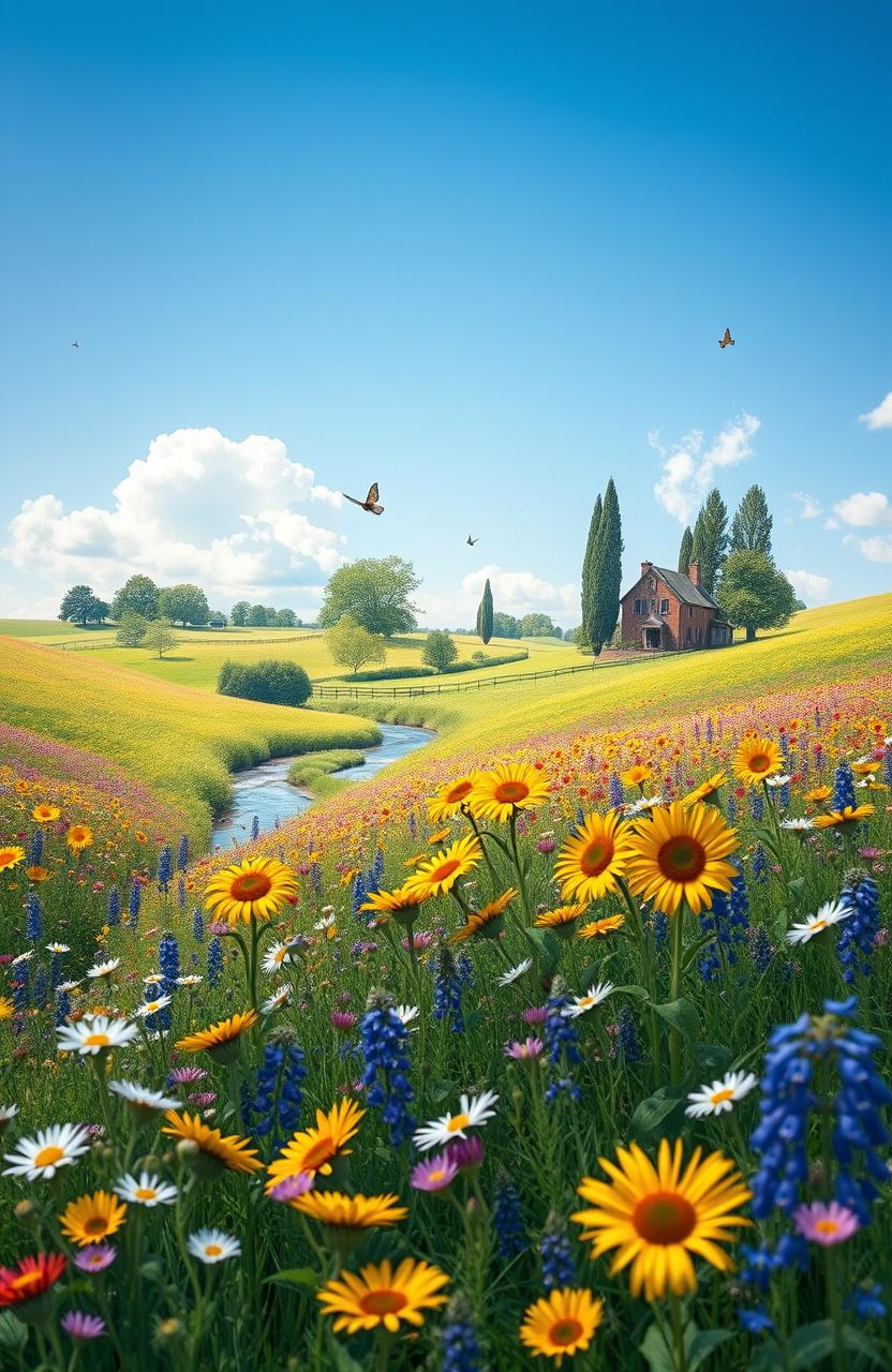 A serene landscape featuring a vibrant field of wildflowers in full bloom under a clear blue sky