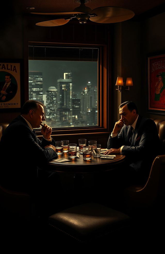 A dramatic scene depicting a classic mafia meeting set in a dimly lit, smoky New York restaurant