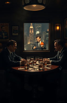 A dramatic scene depicting a classic mafia meeting set in a dimly lit, smoky New York restaurant