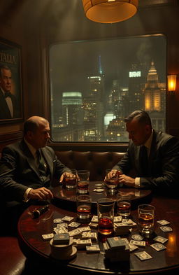 A dramatic scene depicting a classic mafia meeting set in a dimly lit, smoky New York restaurant
