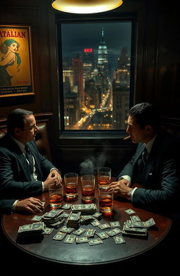 A dramatic scene depicting a classic mafia meeting set in a dimly lit, smoky New York restaurant