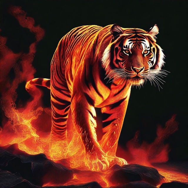 Generate an image of a Bengal tiger formed entirely from molten lava