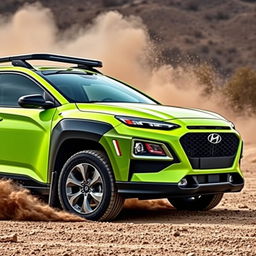 A striking 2020 Hyundai Kona inspired by World Rally Championship (WRC) styling, featuring a vibrant lime green color