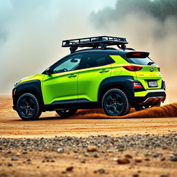 A striking 2020 Hyundai Kona inspired by World Rally Championship (WRC) styling, featuring a vibrant lime green color
