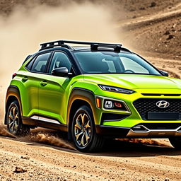 A striking 2020 Hyundai Kona inspired by World Rally Championship (WRC) styling, featuring a vibrant lime green color