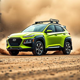 A striking 2020 Hyundai Kona inspired by World Rally Championship (WRC) styling, featuring a vibrant lime green color