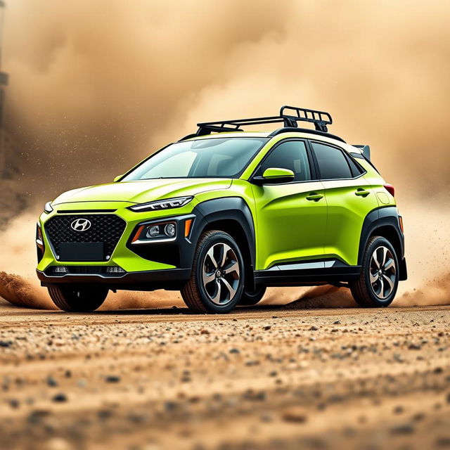 A striking 2020 Hyundai Kona inspired by World Rally Championship (WRC) styling, featuring a vibrant lime green color