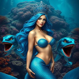 A beautiful mermaid queen in an underwater setting, featuring majestic blue crown on her head, flowing blue hair, and stunning blue fins