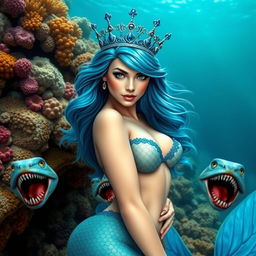 A beautiful mermaid queen in an underwater setting, featuring majestic blue crown on her head, flowing blue hair, and stunning blue fins