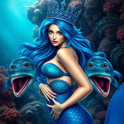 A beautiful mermaid queen in an underwater setting, featuring majestic blue crown on her head, flowing blue hair, and stunning blue fins