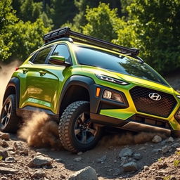 An offroad scene featuring a 2020 Hyundai Kona in striking lime green color, equipped with rugged black fenders, a functional roof rack, and a sturdy bumper guard