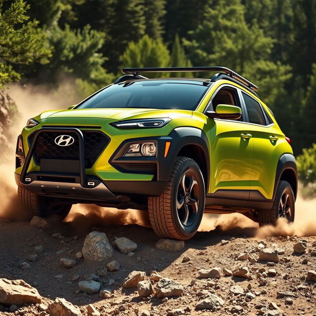 An offroad scene featuring a 2020 Hyundai Kona in striking lime green color, equipped with rugged black fenders, a functional roof rack, and a sturdy bumper guard