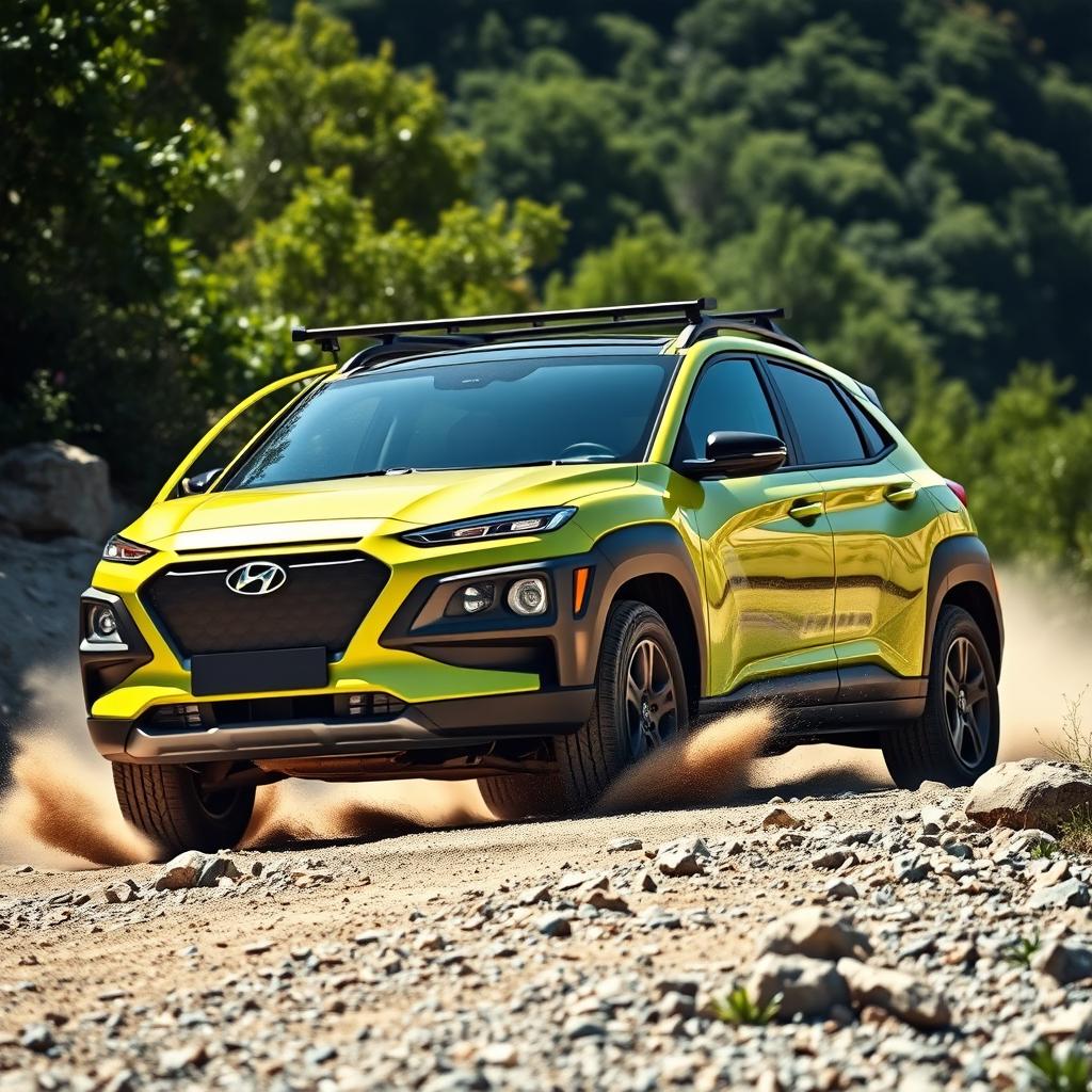 An offroad scene featuring a 2020 Hyundai Kona in striking lime green color, equipped with rugged black fenders, a functional roof rack, and a sturdy bumper guard