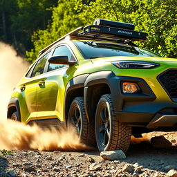 An offroad scene featuring a 2020 Hyundai Kona in striking lime green color, equipped with rugged black fenders, a functional roof rack, and a sturdy bumper guard