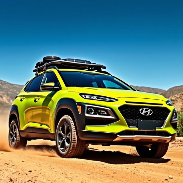 An offroad scene featuring a 2020 Hyundai Kona in vibrant lime green color