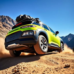 An offroad scene featuring a 2020 Hyundai Kona in vibrant lime green color