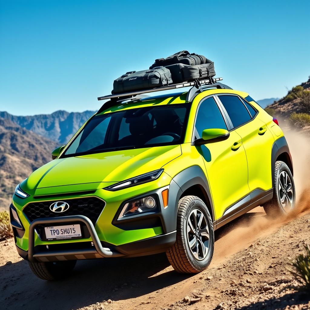 An offroad scene featuring a 2020 Hyundai Kona in vibrant lime green color