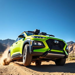 An offroad scene featuring a 2020 Hyundai Kona in vibrant lime green color