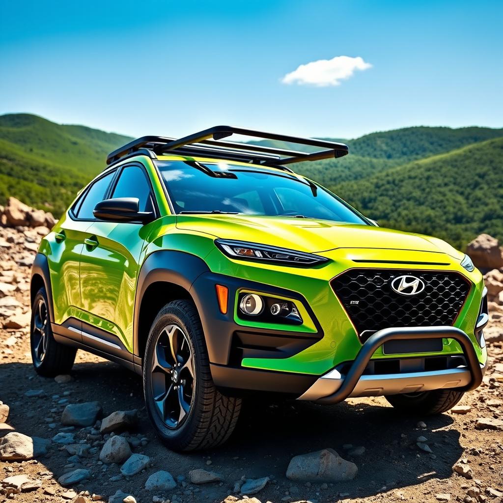 A picturesque off-road scene featuring a vibrant 2020 lime green Hyundai Kona