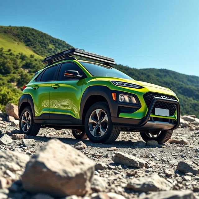 A picturesque off-road scene featuring a vibrant 2020 lime green Hyundai Kona