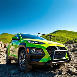 A picturesque off-road scene featuring a vibrant 2020 lime green Hyundai Kona