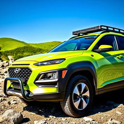 A picturesque off-road scene featuring a vibrant 2020 lime green Hyundai Kona
