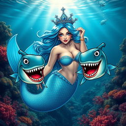 A beautiful mermaid queen with majestic blue hair and a stunning blue crown, gracefully swimming underwater amidst a vibrant coral reef