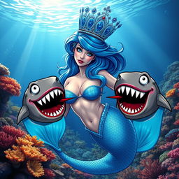 A beautiful mermaid queen with majestic blue hair and a stunning blue crown, gracefully swimming underwater amidst a vibrant coral reef