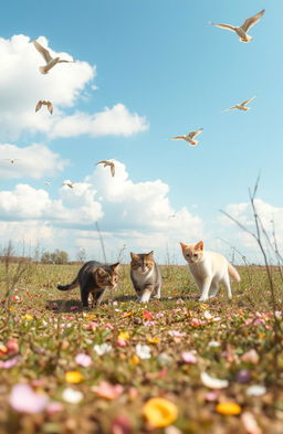 A serene pastoral setting featuring a few playful cats wandering among small twigs scattered on the ground