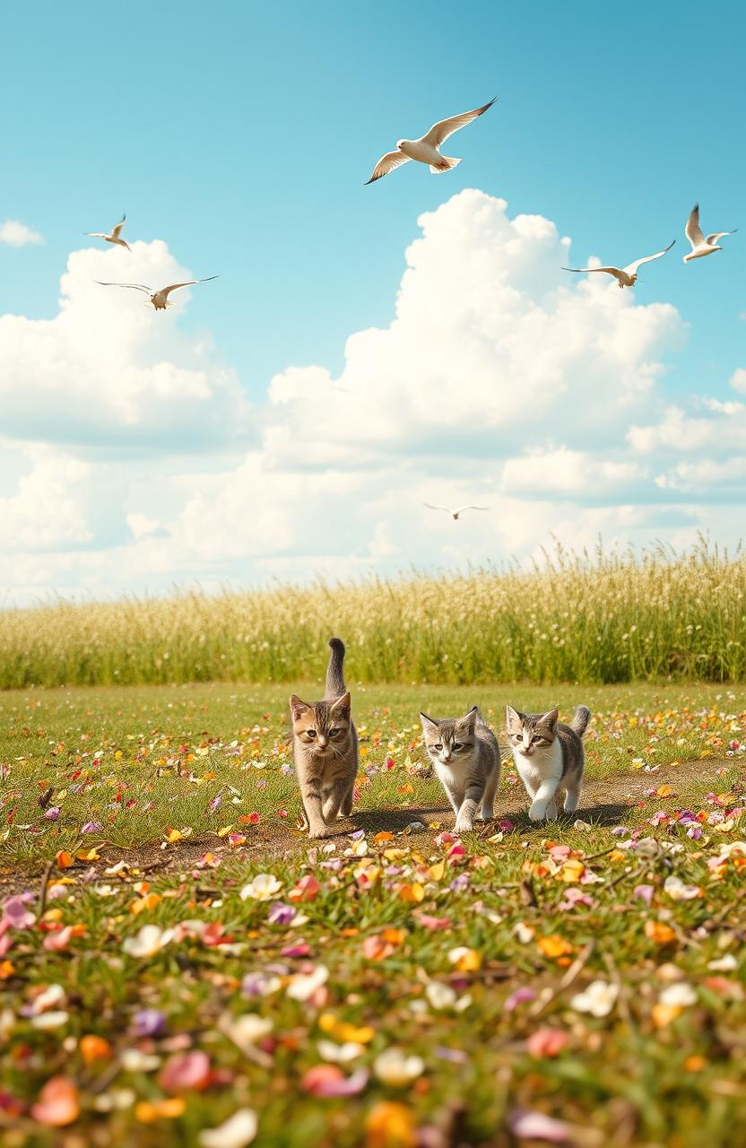 A serene pastoral setting featuring a few playful cats wandering among small twigs scattered on the ground