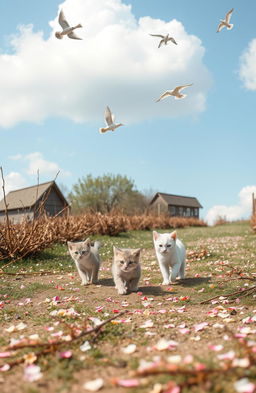 A serene pastoral setting featuring a few playful cats wandering among small twigs scattered on the ground