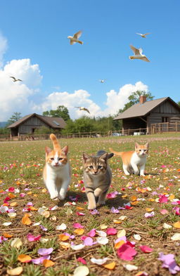 A serene pastoral setting featuring a few playful cats wandering among small twigs scattered on the ground
