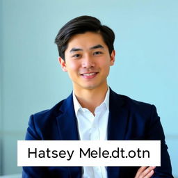 A professional and polished profile picture featuring a confident young adult with medium-length dark hair, wearing a smart navy blue blazer over a white shirt