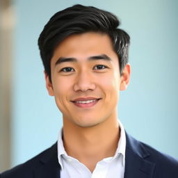 A professional and polished profile picture featuring a confident young adult with medium-length dark hair, wearing a smart navy blue blazer over a white shirt