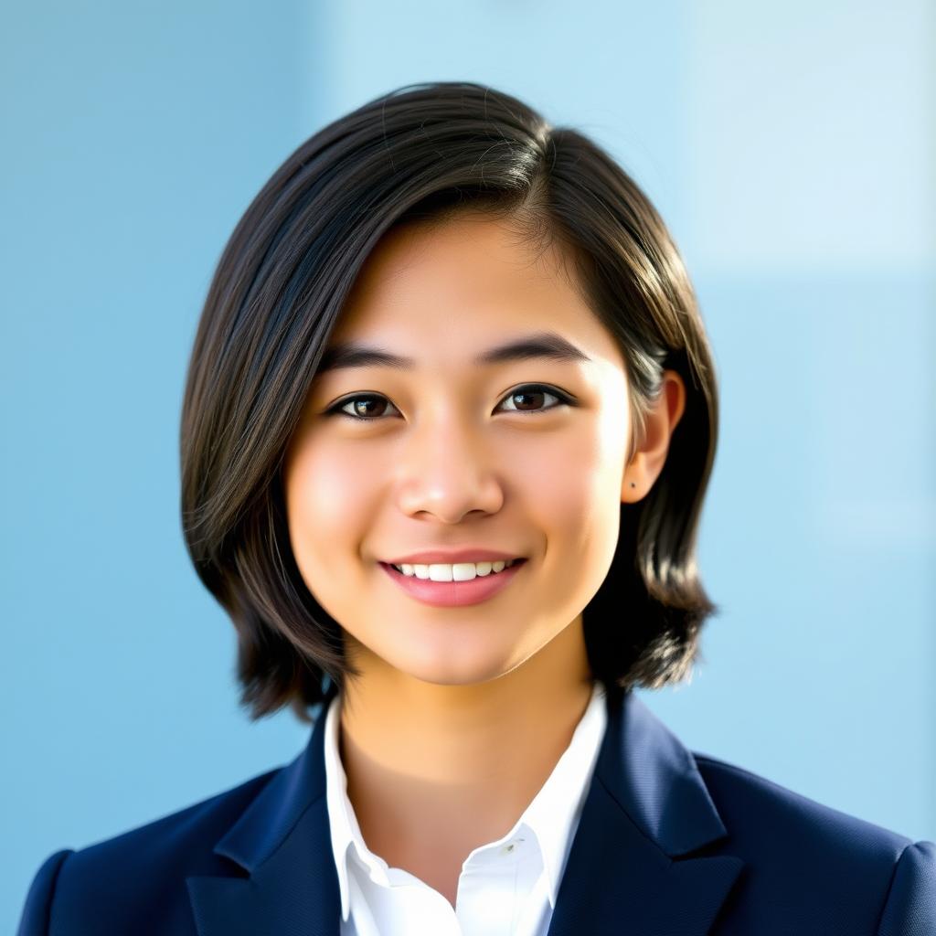 A professional and polished profile picture featuring a confident young adult with medium-length dark hair, wearing a smart navy blue blazer over a white shirt