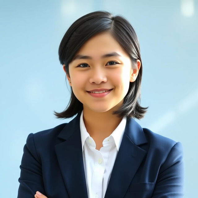 A professional and polished profile picture featuring a confident young adult with medium-length dark hair, wearing a smart navy blue blazer over a white shirt