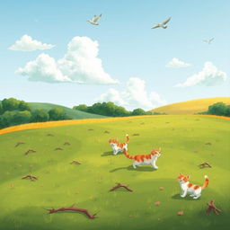 An illustrated pastoral setting featuring a few whimsical cats meandering among small twigs scattered on a lush green landscape