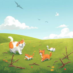 An illustrated pastoral setting featuring a few whimsical cats meandering among small twigs scattered on a lush green landscape