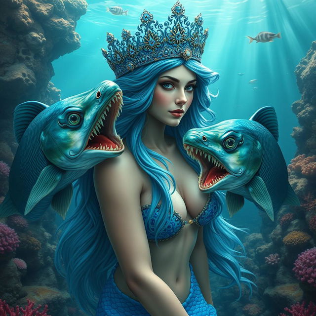 A breathtakingly realistic depiction of a majestic mermaid queen, showcasing her beautiful features