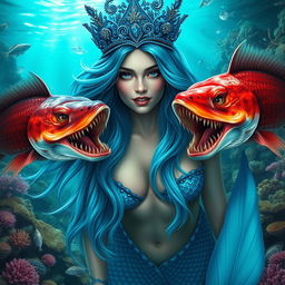 A breathtakingly realistic depiction of a majestic mermaid queen, showcasing her beautiful features