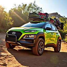 A dynamic off-road scene featuring a vibrant 2020 Lime Green Hyundai Kona, showcasing its rugged design with impressive black wide-body fenders