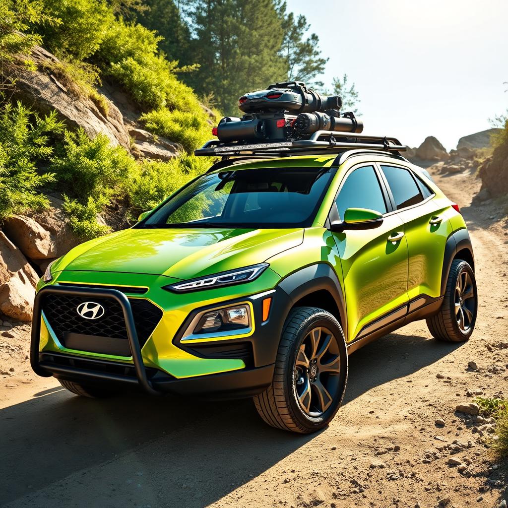 A dynamic off-road scene featuring a vibrant 2020 Lime Green Hyundai Kona, showcasing its rugged design with impressive black wide-body fenders