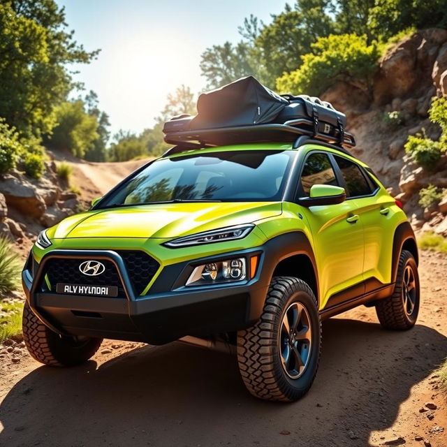 A dynamic off-road scene featuring a vibrant 2020 Lime Green Hyundai Kona, showcasing its rugged design with impressive black wide-body fenders