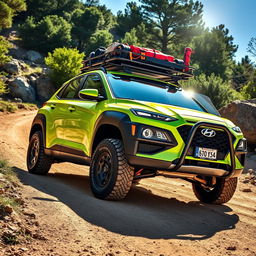 A dynamic off-road scene featuring a vibrant 2020 Lime Green Hyundai Kona, showcasing its rugged design with impressive black wide-body fenders