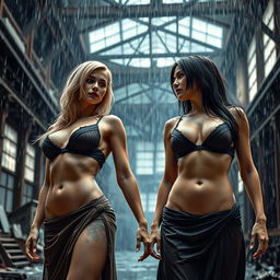 A photorealistic image of two athletic women, one with blonde hair and the other with dark hair, both showcasing their visible abdominal muscles