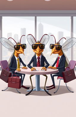 A humorous and imaginative depiction of business-themed mosquitoes dressed in suits and ties, carrying briefcases, and sitting around a conference table